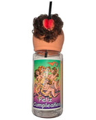 Klarer plastikbecher mit tanzenden figuren und text feliz cumpleaños, novelty deckel mit kopf und herz, diabolo picante 750 ml