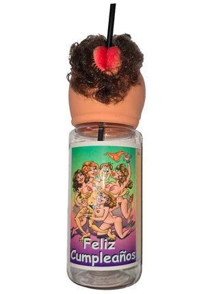 Klarer plastikbecher mit tanzenden figuren und text feliz cumpleaños, novelty deckel mit kopf und herz, diabolo picante 750 ml