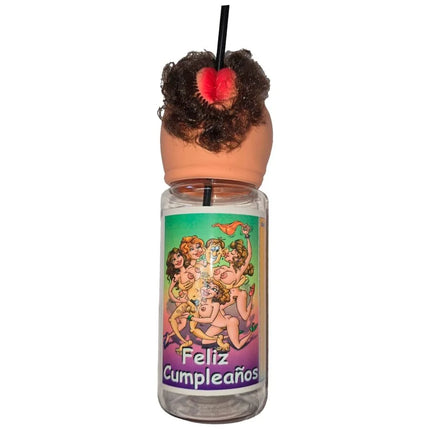 Klarer plastikbecher mit tanzenden figuren und text feliz cumpleaños, novelty deckel mit kopf und herz, diabolo picante 750 ml