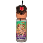 Klarer plastikbecher mit tanzenden figuren und text feliz cumpleaños, novelty deckel mit kopf und herz, diabolo picante 750 ml