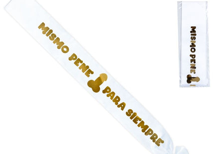 White satin sash with gold foil lettering and golden penis silhouette reading mismo pene para siempre from diablo picante