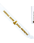 White satin sash with gold foil lettering and golden penis silhouette reading mismo pene para siempre from diablo picante