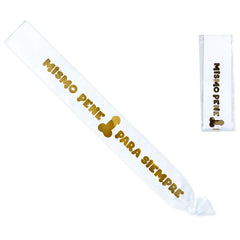 White satin sash with gold foil lettering and golden penis silhouette reading mismo pene para siempre from diablo picante
