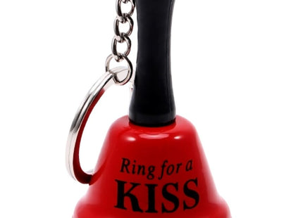 Roter diabolo picante mini-glocken-schlüsselanhänger mit schwarzem griff und silberner kette ring for a kiss text