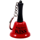 Roter diabolo picante mini-glocken-schlüsselanhänger mit schwarzem griff und silberner kette ring for a kiss text