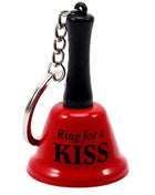 Roter diabolo picante mini-glocken-schlüsselanhänger mit schwarzem griff und silberner kette ring for a kiss text