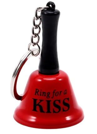 Roter diabolo picante mini-glocken-schlüsselanhänger mit schwarzem griff und silberner kette ring for a kiss text