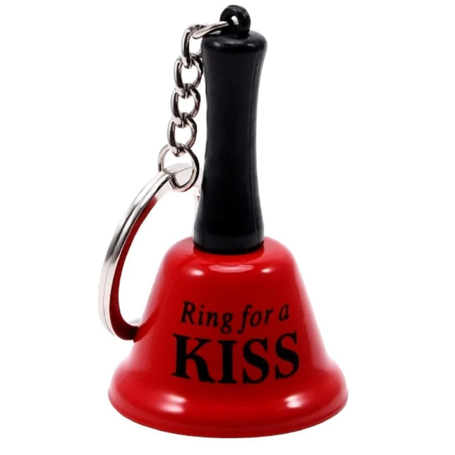 Roter diabolo picante mini-glocken-schlüsselanhänger mit schwarzem griff und silberner kette ring for a kiss text