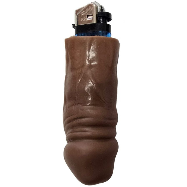 Braune silikon-hüllen in kondom-form für bic-feuerzeug mit sichtbarem silber-schwarzem oberteil diablo picante mulatto penis-feuerzeug