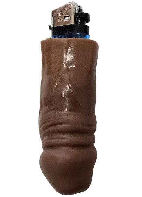 Braune silikon-hüllen in kondom-form für bic-feuerzeug mit sichtbarem silber-schwarzem oberteil diablo picante mulatto penis-feuerzeug
