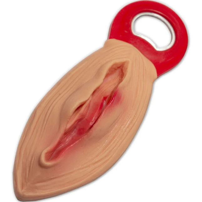 Roter plastikflaschenöffner mit beiger anatomisch detaillierter wunde im design diablo picante öffner vaginapform