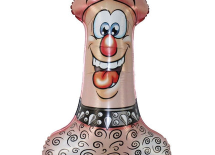 Pink metallischer partyballon in sado-penis-form mit schwarzen spiralmustern roter nase und stachelhalsband