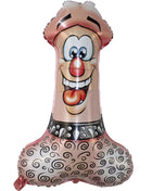 Pink metallischer partyballon in sado-penis-form mit schwarzen spiralmustern roter nase und stachelhalsband