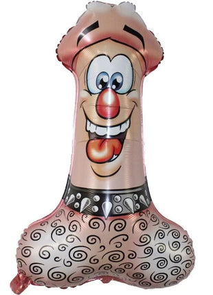 Pink metallischer partyballon in sado-penis-form mit schwarzen spiralmustern roter nase und stachelhalsband