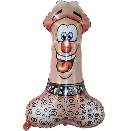 Pink metallischer partyballon in sado-penis-form mit schwarzen spiralmustern roter nase und stachelhalsband