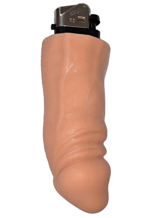 Ein pfirsichfarbener silikon feuerzeug in phallusform mit silbernem metallkopf und schwarzen akzenten diablo picante
