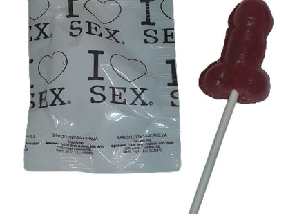 Ein glänzender tiefroter lolli mit weißem stiel aus diablo picante penis-lutscher mit erdbeer- und kirschbonbons