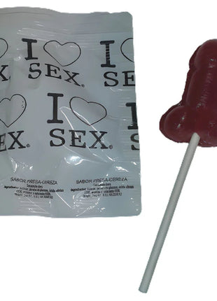 Ein glänzender tiefroter lolli mit weißem stiel aus diablo picante penis-lutscher mit erdbeer- und kirschbonbons