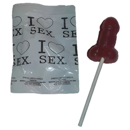 Ein glänzender tiefroter lolli mit weißem stiel aus diablo picante penis-lutscher mit erdbeer- und kirschbonbons