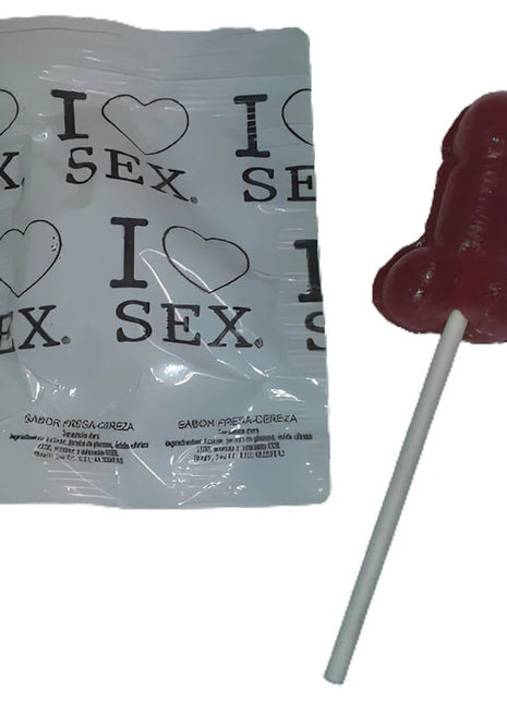 Ein glänzender tiefroter lolli mit weißem stiel aus diablo picante penis-lutscher mit erdbeer- und kirschbonbons