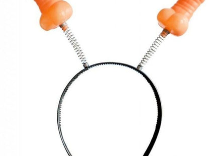 Oranges plastik stirnband diablo picante mit phallusförmigen geweihen und metallfedern auf schwarzem kopfband