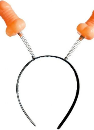 Oranges plastik stirnband diablo picante mit phallusförmigen geweihen und metallfedern auf schwarzem kopfband