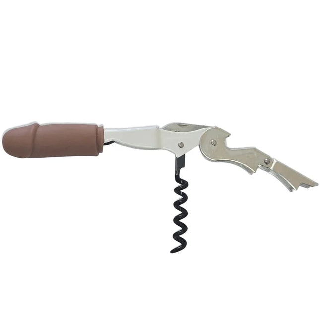Brauner silikongriff korkenzieher mit silbernem metallkörper und schwarzer spiralwurm für diablo picante penis-weinoffner
