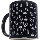Schwarzer keramikbecher diablo picante mit weißen symbolmustern 370 ml penisbecher