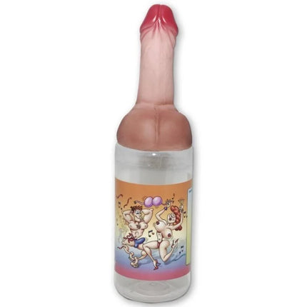 Pink silikonflasche in penisform mit tanzenden cartoonfiguren auf dem etikett diabolo picante 750 ml