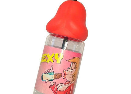 Klare plastikbabyflasche diablo picante mit rotem bellförmigem sauger und schwarzem strohhalm 360 ml