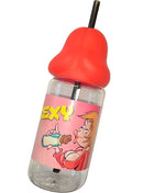 Klare plastikbabyflasche diablo picante mit rotem bellförmigem sauger und schwarzem strohhalm 360 ml