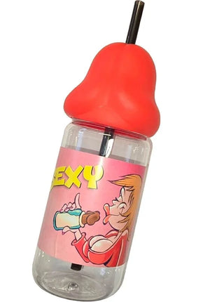 Klare plastikbabyflasche diablo picante mit rotem bellförmigem sauger und schwarzem strohhalm 360 ml