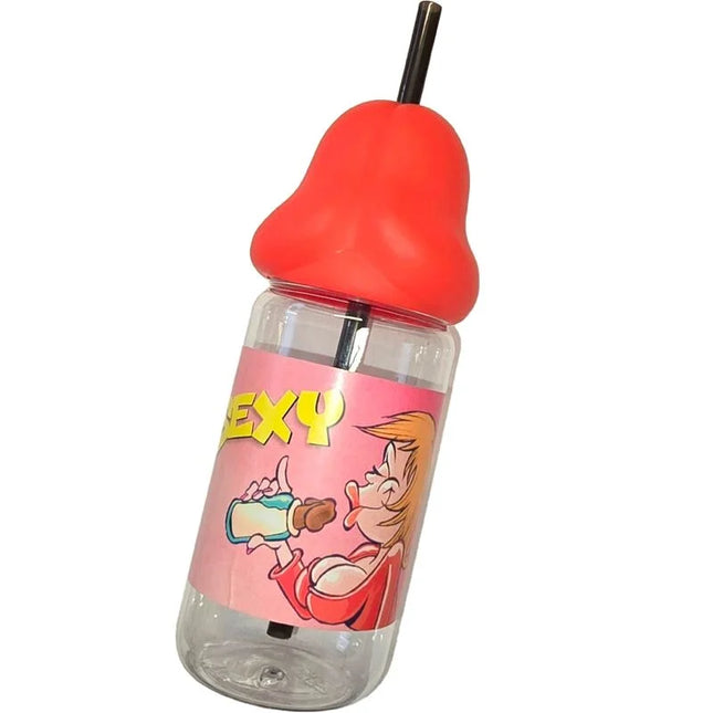 Klare plastikbabyflasche diablo picante mit rotem bellförmigem sauger und schwarzem strohhalm 360 ml