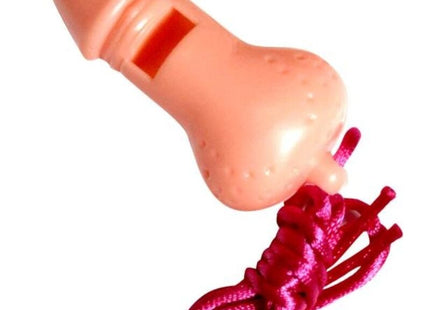 Rosa plastikpfeife in penisform mit rotem band diablo picante für party und spaß