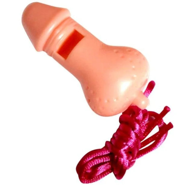 Rosa plastikpfeife in penisform mit rotem band diablo picante für party und spaß