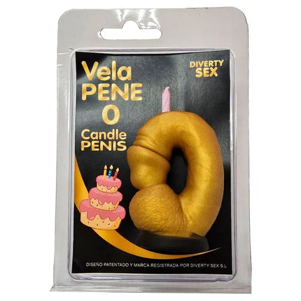Goldfarbene peniskerze diablo picante in form der zahl 0 mit rosa docht in klarer verpackung dekorative erotische männlichen anatomie