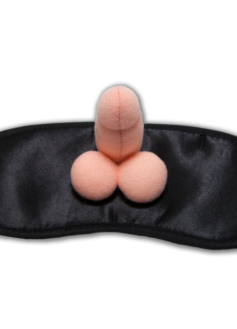 Rosa plüschspielzeug auf schwarzer satin-augenmaske in diablo picante penismaske für erotische spiele