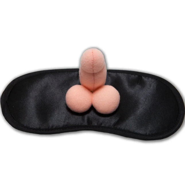 Rosa plüschspielzeug auf schwarzer satin-augenmaske in diablo picante penismaske für erotische spiele