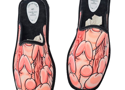 Rosa cartoon handabdruck slip-on mules mit schwarzem rand und bequemem 41 etikett innen diablo picante penisschuhe