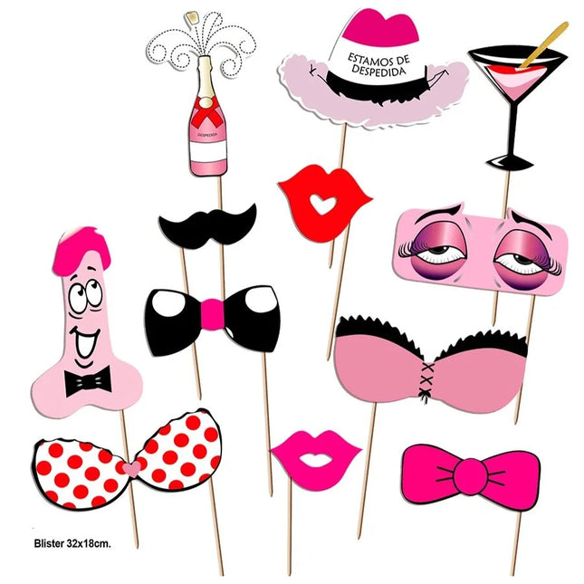 Set aus pinken und schwarzen party fotokabinen-requisiten mit champagnerflasche schnurrbart schleifen lippen und dessous designs