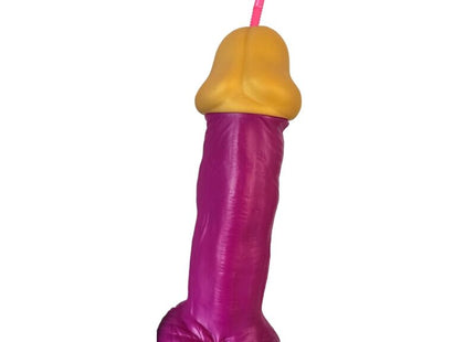 Diablo picante pink kunststoff-penis aus glas mit lila und gelbem kunststoff-becher und rosa strohhalm