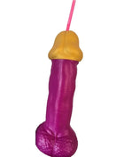 Diablo picante pink kunststoff-penis aus glas mit lila und gelbem kunststoff-becher und rosa strohhalm