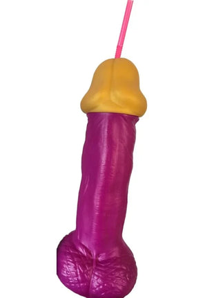 Diablo picante pink kunststoff-penis aus glas mit lila und gelbem kunststoff-becher und rosa strohhalm