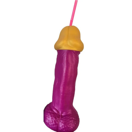 Diablo picante pink kunststoff-penis aus glas mit lila und gelbem kunststoff-becher und rosa strohhalm