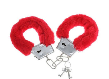 Diablo picante pleasure furry handschellen rot mit rotem kunstfell und silbernen metallschlössern und schlüsseln