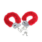Diablo picante pleasure furry handschellen rot mit rotem kunstfell und silbernen metallschlössern und schlüsseln