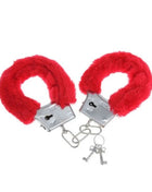 Diablo picante pleasure furry handschellen rot mit rotem kunstfell und silbernen metallschlössern und schlüsseln