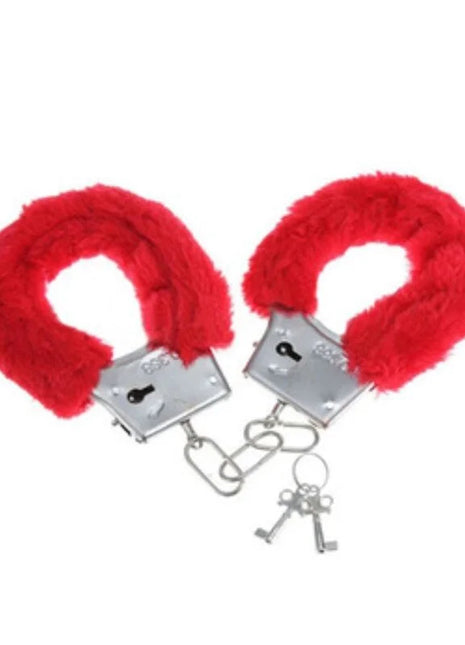Diablo picante pleasure furry handschellen rot mit rotem kunstfell und silbernen metallschlössern und schlüsseln