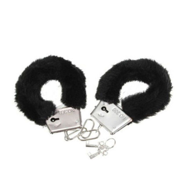 Diablo picante pleasure furry handschellen schwarz schwarze kunstpelz handschellen mit silbernen metallschlössern und schlüsseln