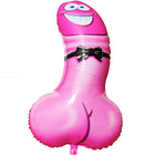 Ein rosa partyballon in penisform mit einem lächelnden gesicht, blauen augen und schwarzer schleife aus pvc